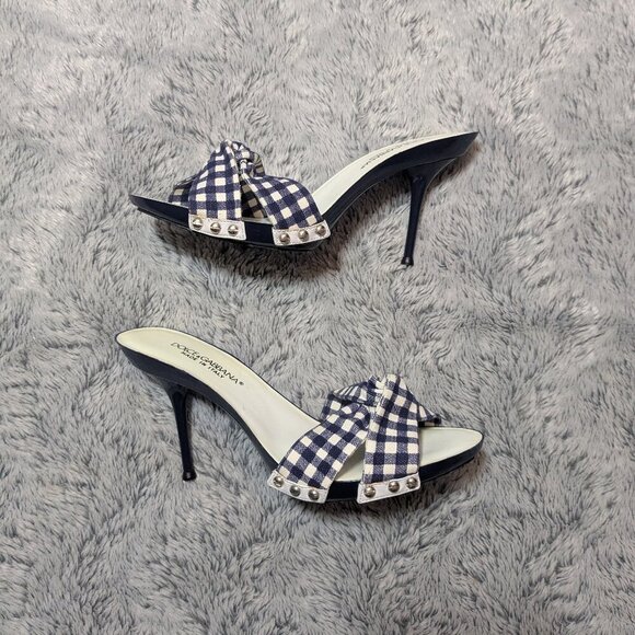 Dolce & Gabbana Heels Stiletto Mules Slip On Peep Toe Blue Gingham Size 38 - Picture 2 of 11